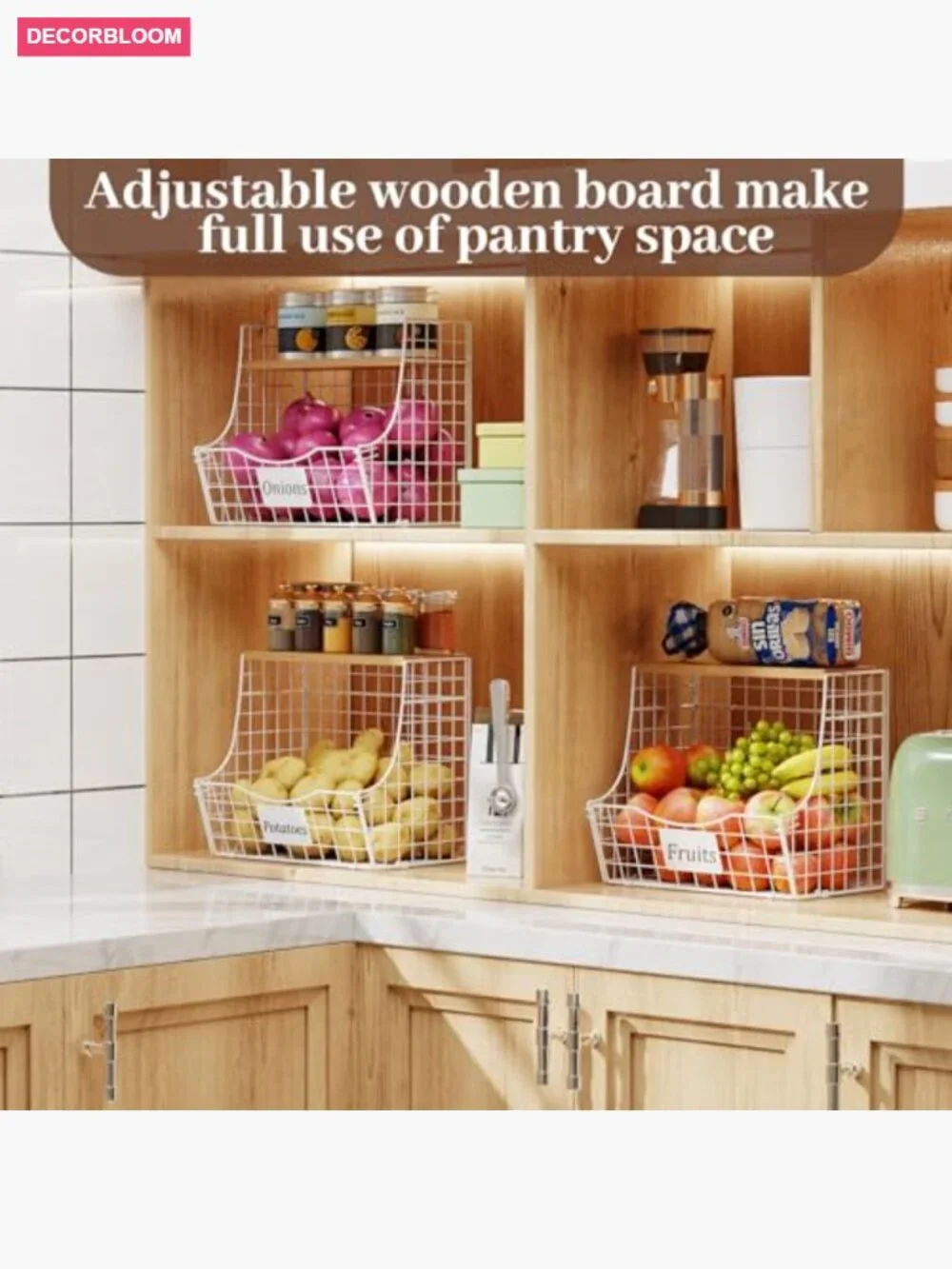 3 Tier Hanging Fruit Basket Stackable with Wood Lid, Kitchen Storage